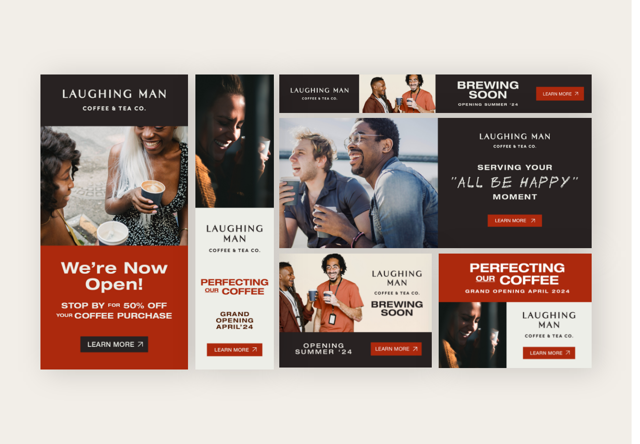 a screenshot of digital creative ads for Laughing Man Coffee